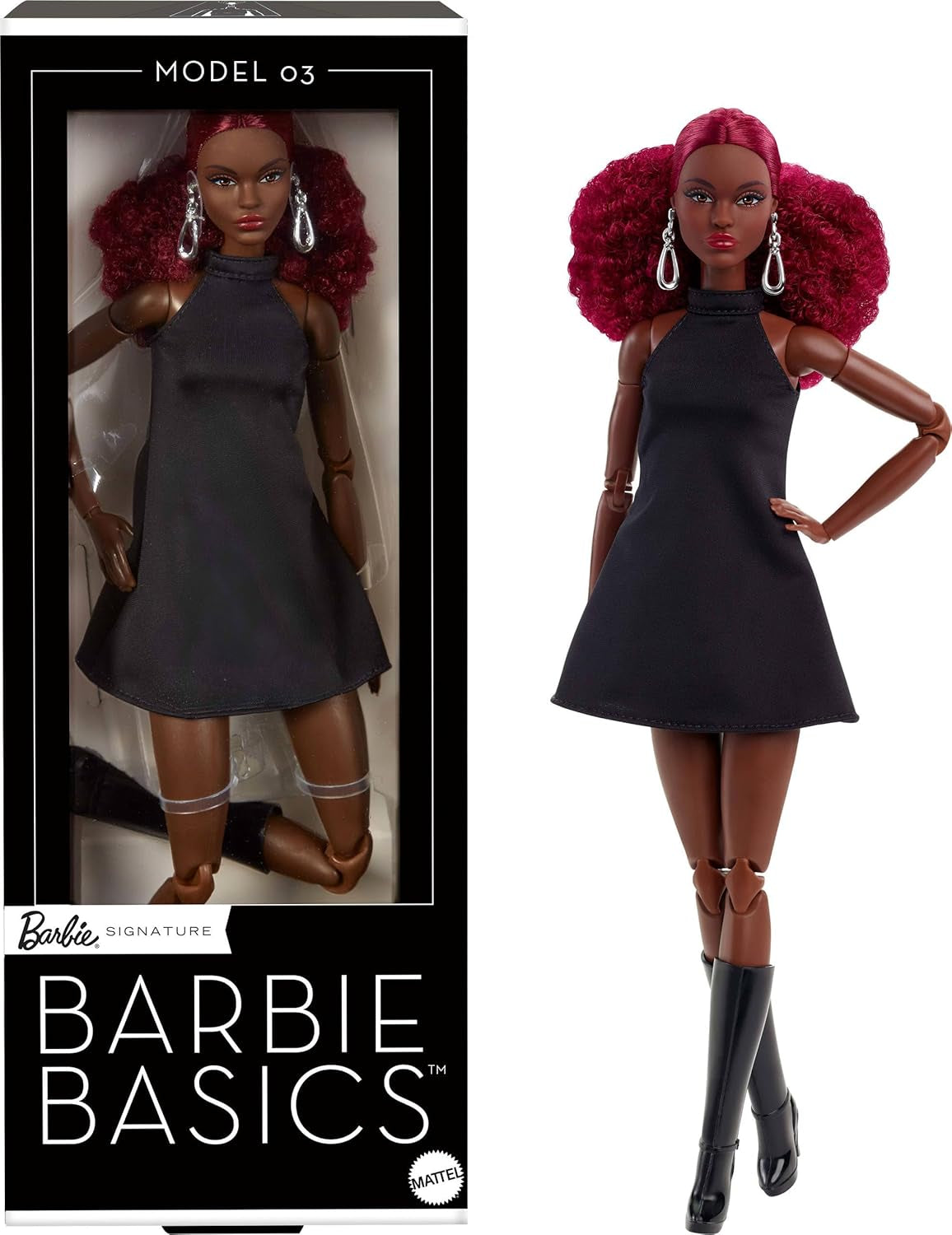 Barbie Basics Modell 3 Sammlerpuppe mit roten Locken, schwarzem Minikleid und Stiefeln, Einheitsgröße, großer beweglicher Körper und austauschbarer Kopf, JBH75