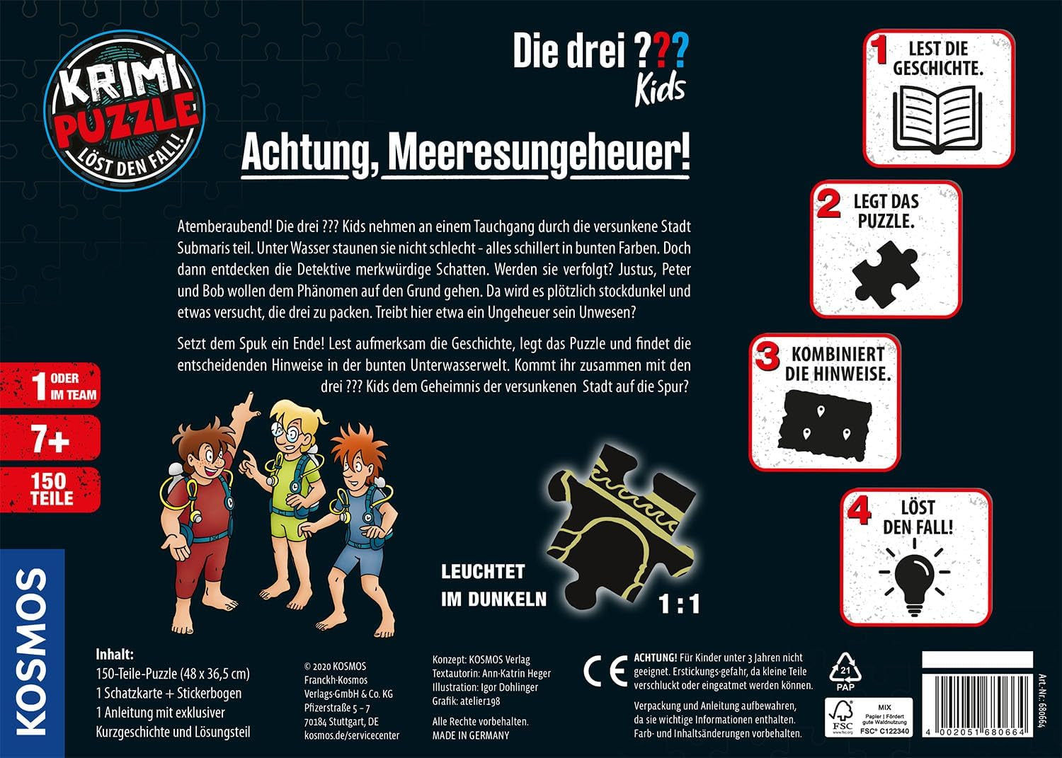 Die Drei ??? Kinder – Krimi-Puzzle – Achtung, Seeungeheuer von KOSMOS 680664, 150 Teile, leuchtet im Dunkeln, Lesen, Rätsel, Rätsel lösen, Detektivrätsel für Kinder ab 7 Jahren. Puzzle Naty Shop