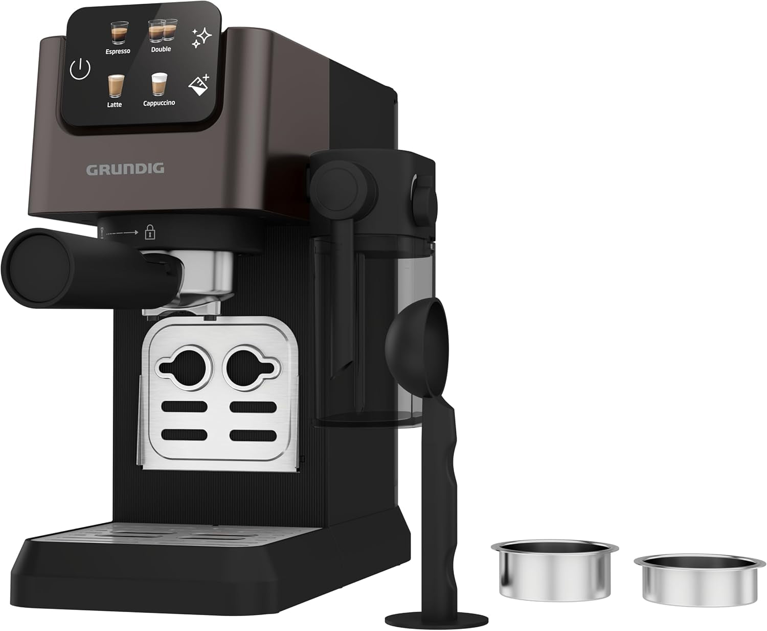Siebträger-Espressomaschine GRUNDIG KSM 5330 mit integriertem Milchbehälter, Leistung 1628 W, Pumpendruck 15 bar, Doppeldüse, farbiges Touch-Display, BrewSense, CreamyPro, Edelstahl dunkel/Schwarz