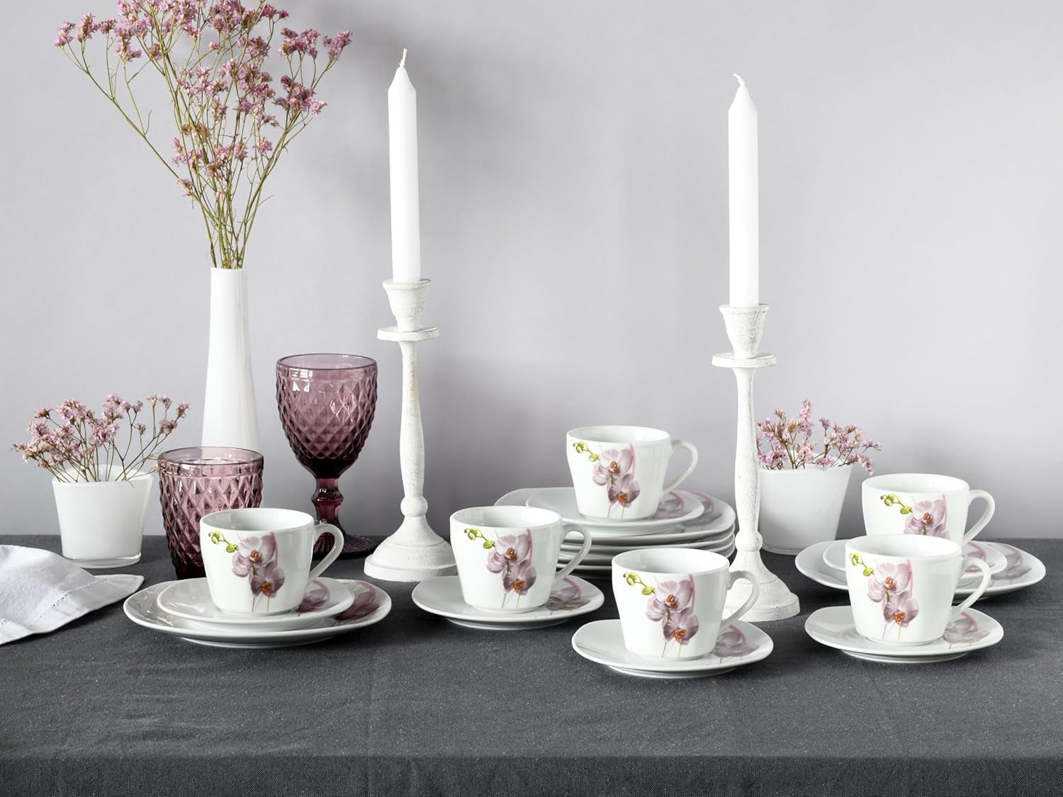 CreaTable, 24024, Serie „Square Orchid“, 18-teiliges Tafelservice für 6 Personen, Kaffeeservice aus Porzellan, spülmaschinen- und mikrowellengeeignet, hochwertige Herstellung