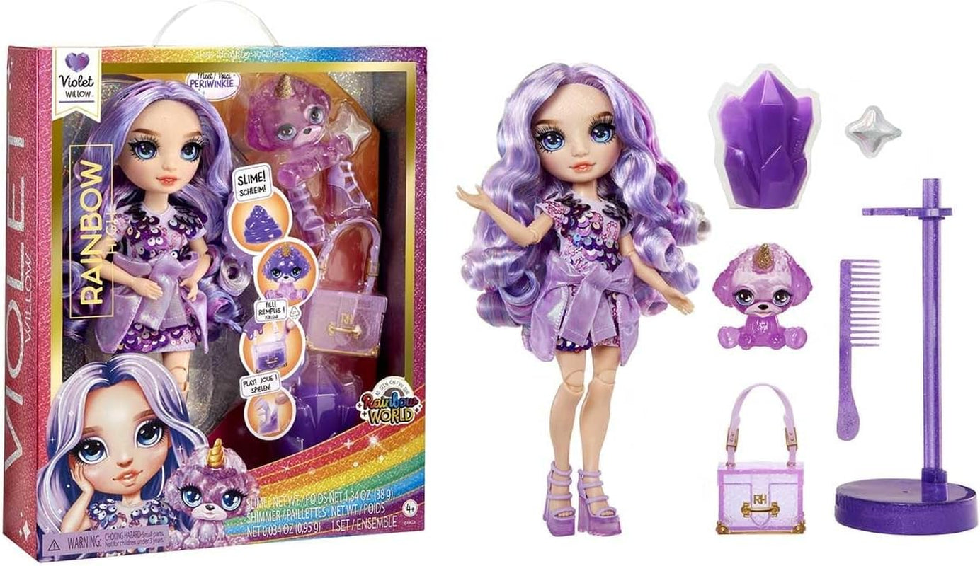 Rainbow High Modepuppe mit Schleim und Haustier – Lila – 28 cm große Glitzerpuppe mit Glitzerschleim, magischem Haustier und Modeaccessoires – Spielzeug für Kinder – ideal für 4–12 Jahre