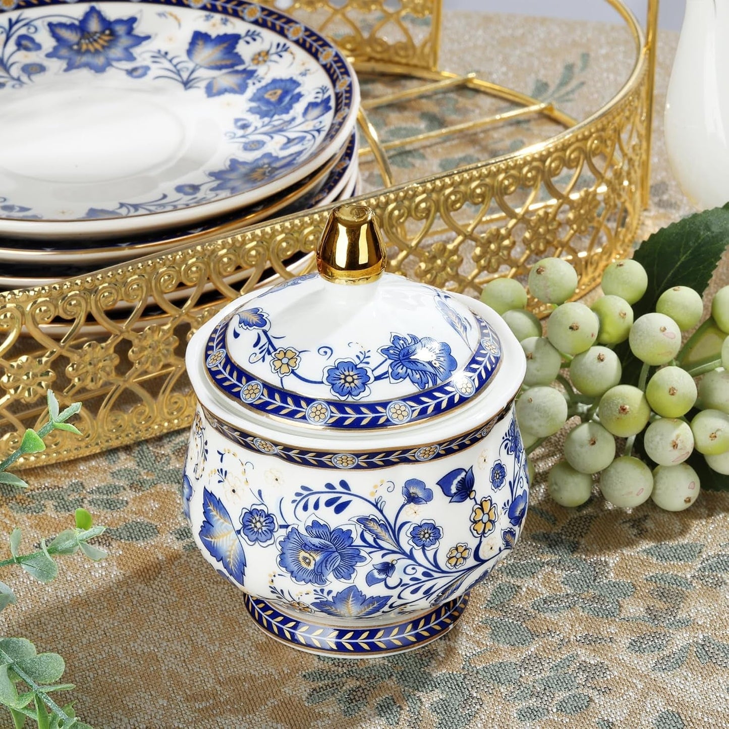 Fanquare Blue Flower Porzellan-Teeservice mit Metallständer, Vintage-Porzellan-Kaffeetasse und Untertasse, englisches Kaffeeset für Erwachsene
