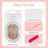 24 Stück French Press On Nails, kurz, glänzend, silberfarbenes Design, ovale künstliche Nägel, zum Aufkleben auf Acryl, glänzende Nägel, falsche Nägel für Frauen und Mädchen