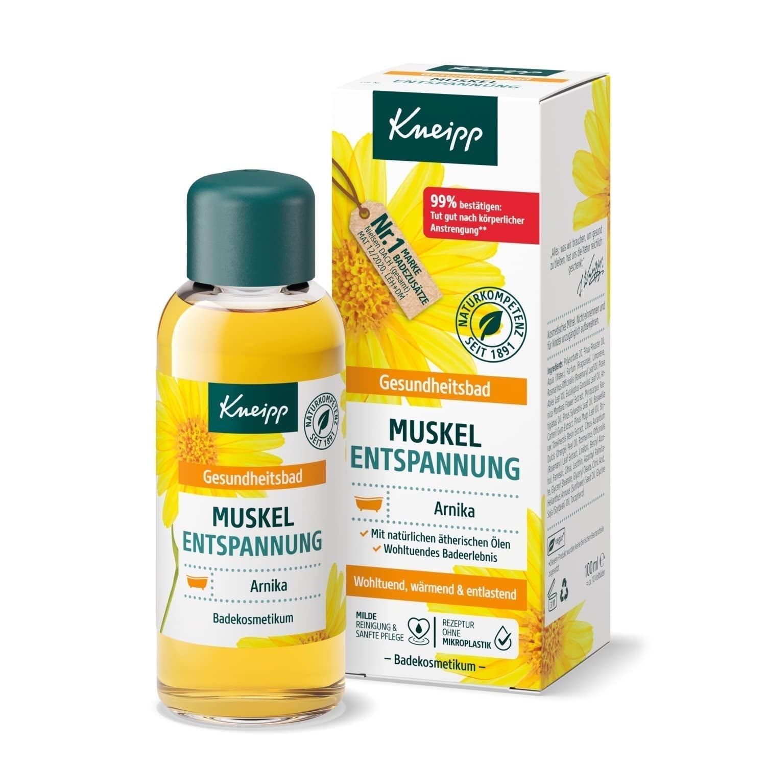 Kneipp Gesundheitsbad, Muskelentspannung, Badeöl mit Arnika-Extrakt und ätherischen Ölen aus Cabreuva-, Rosmarin- und Pinus-Arten, revitalisiert und heilt nach körperlicher Anstrengung, 100 ml Naty Shop