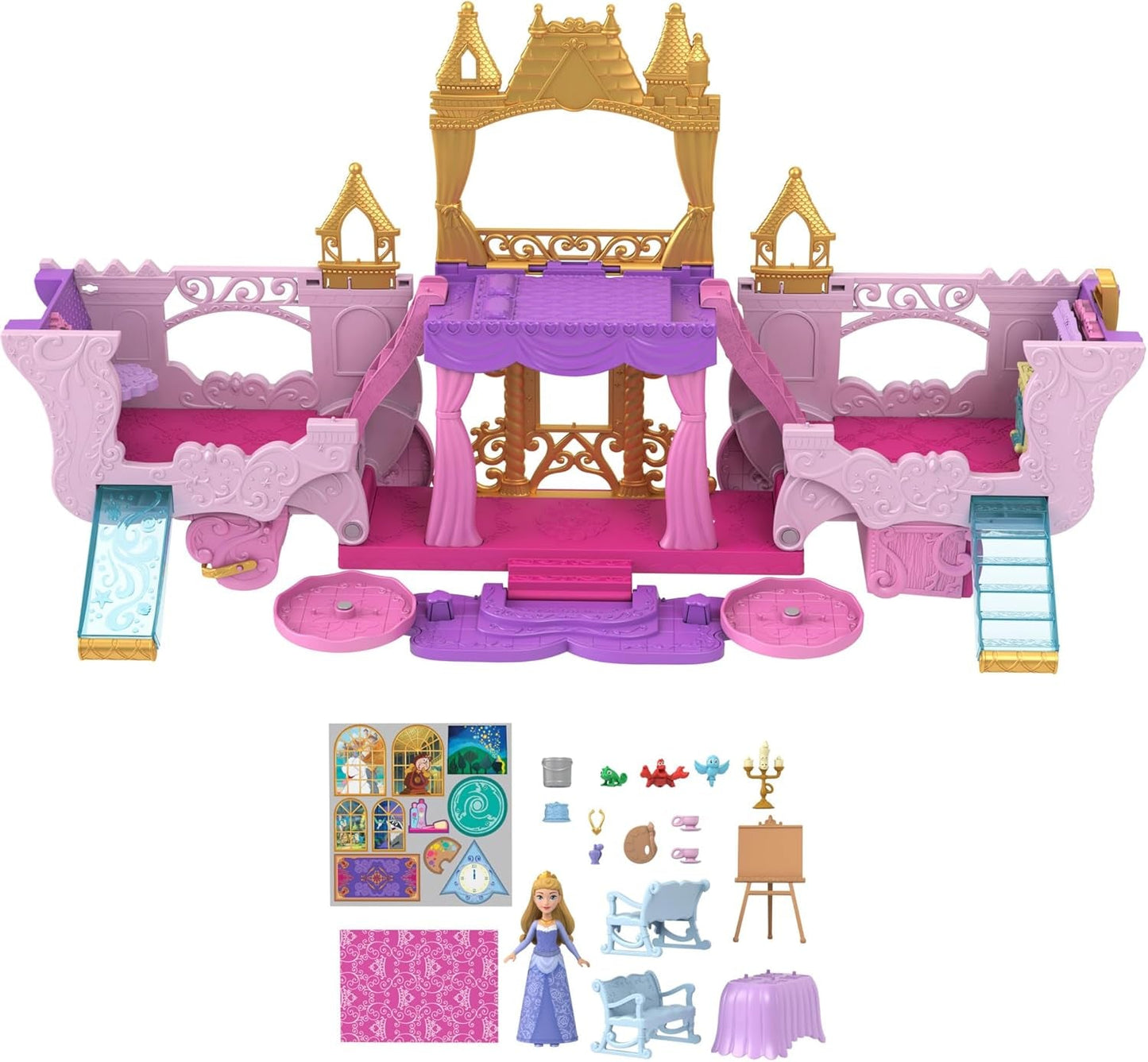 Mattel Disney Princess Verwandlungsspielset „Kutsche zum Schloss“ mit Aurora-Minipuppe, 3 Ebenen, 6 Spielbereiche, 4 Figuren, Möbel und Zubehör HWX17