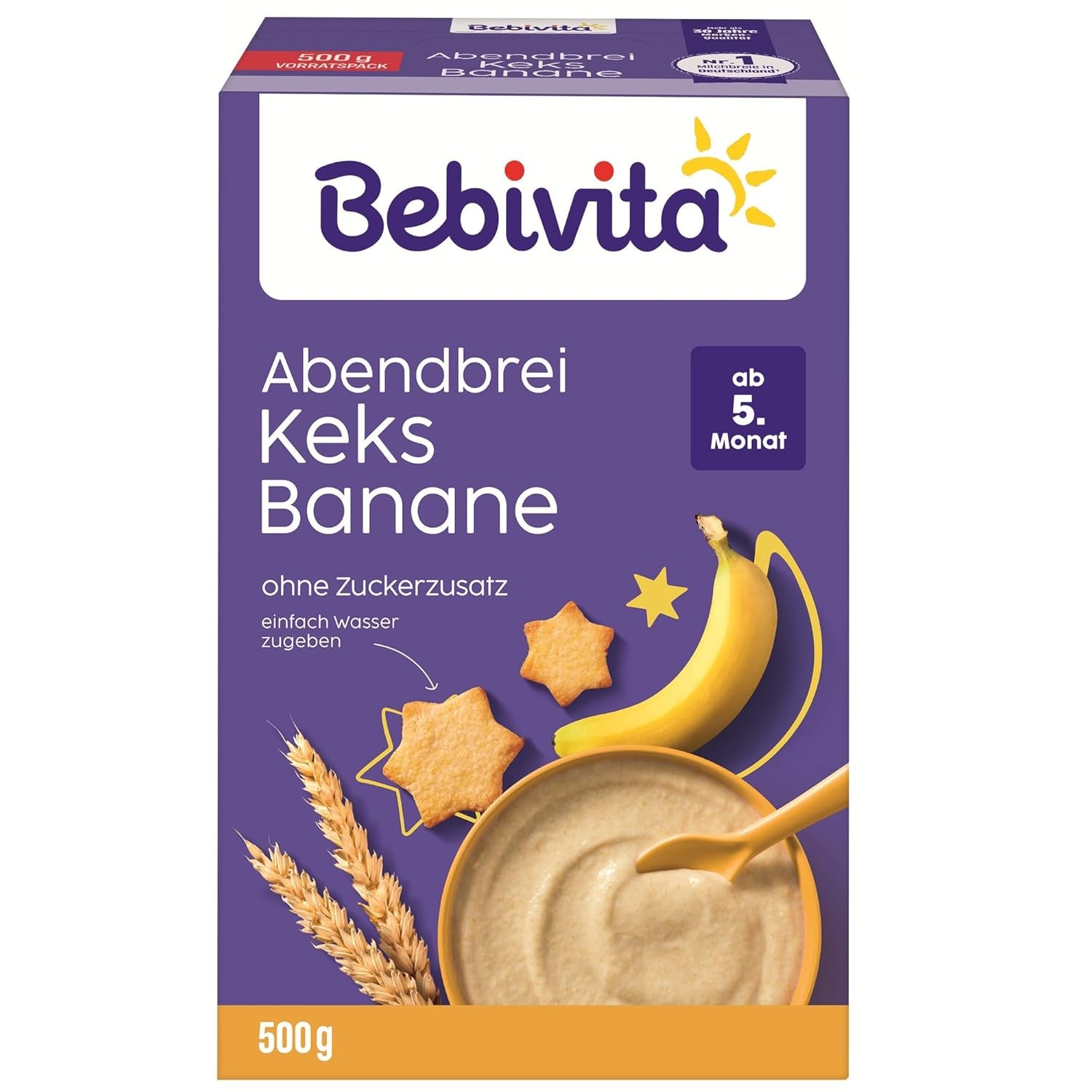 Abendbrei mit Keksen und Bananen (4x500g), Milchbrei ab 5 Monaten, ohne Zuckerzusatz, mit wertvollen Mineralien und Vitaminen, sehr sättigend
