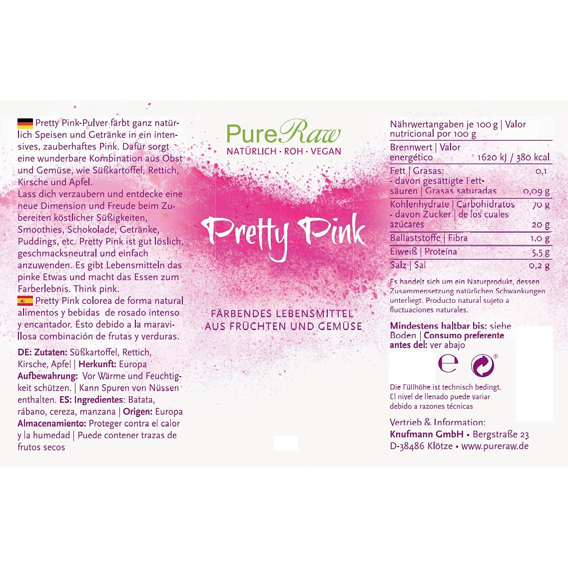 Pretty Pink Natürliche Lebensmittelfarbe Pulver Rosa (Roh Vegan) Pastel Rose Bis Intensiv Rosa-Rot - Essbare Farbe Für Lebensmittel Aus Früchte Und Gemüse - Natürliche Lebensmittelfarbe | Pureraw 5G Naty Shop