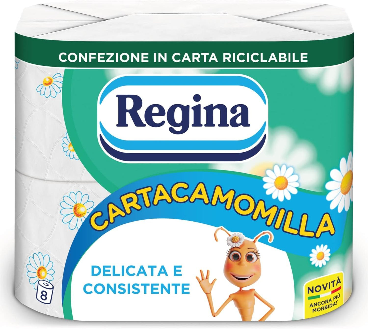 Regina Cartacamomilla – 8 Rollen Toilettenpapier, 300 flauschige Blätter, 3-lagig, weich und fest, recycelbare Papierverpackung