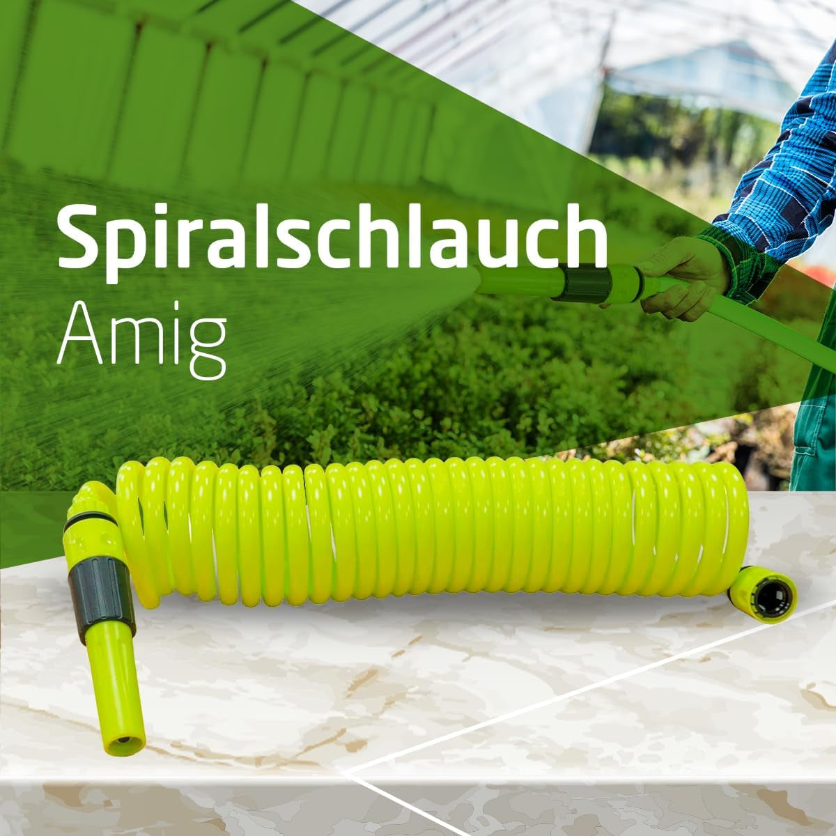 Amig - Spiralschlauch | Aus Polypropylen | Ausziehbar bis 7,5 m | Inklusive Bewässerungslanze, Adapter und 2 Gelenken | Pistaziengrün