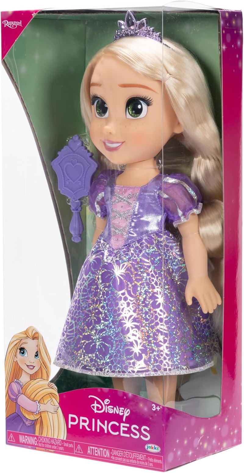 Disney Princess Rapunzel 35 cm große Puppe, reflektierende Glitzeraugen, bewegliche Gelenke, abnehmbares Kleid, Schuhe, Krone, langes blondes Haar, für Mädchen ab 3 Jahren