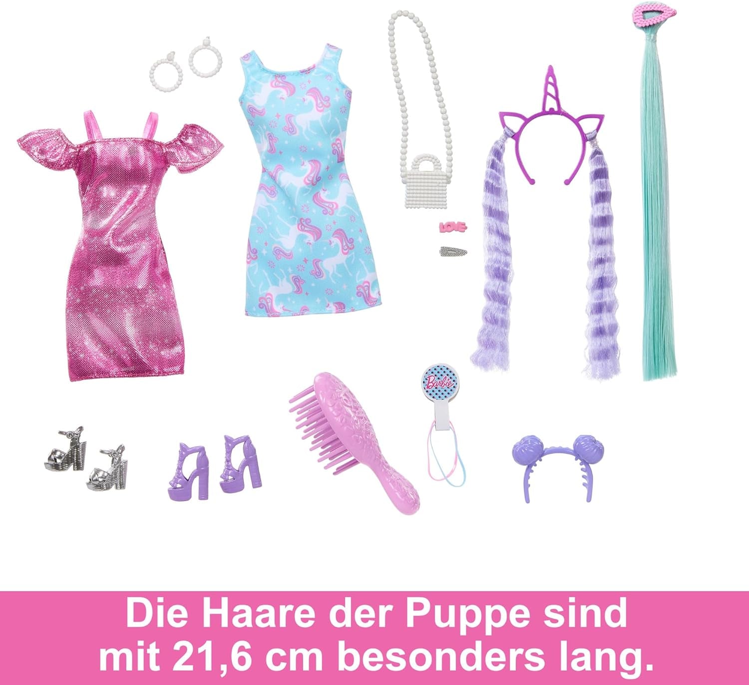 Barbie-Puppe, lustiges, stilvolles Haar mit extra langen, bunten schwarzen Haaren und glitzerndem rosa Kleid, 10 Frisuren und Modeaccessoires JDC86