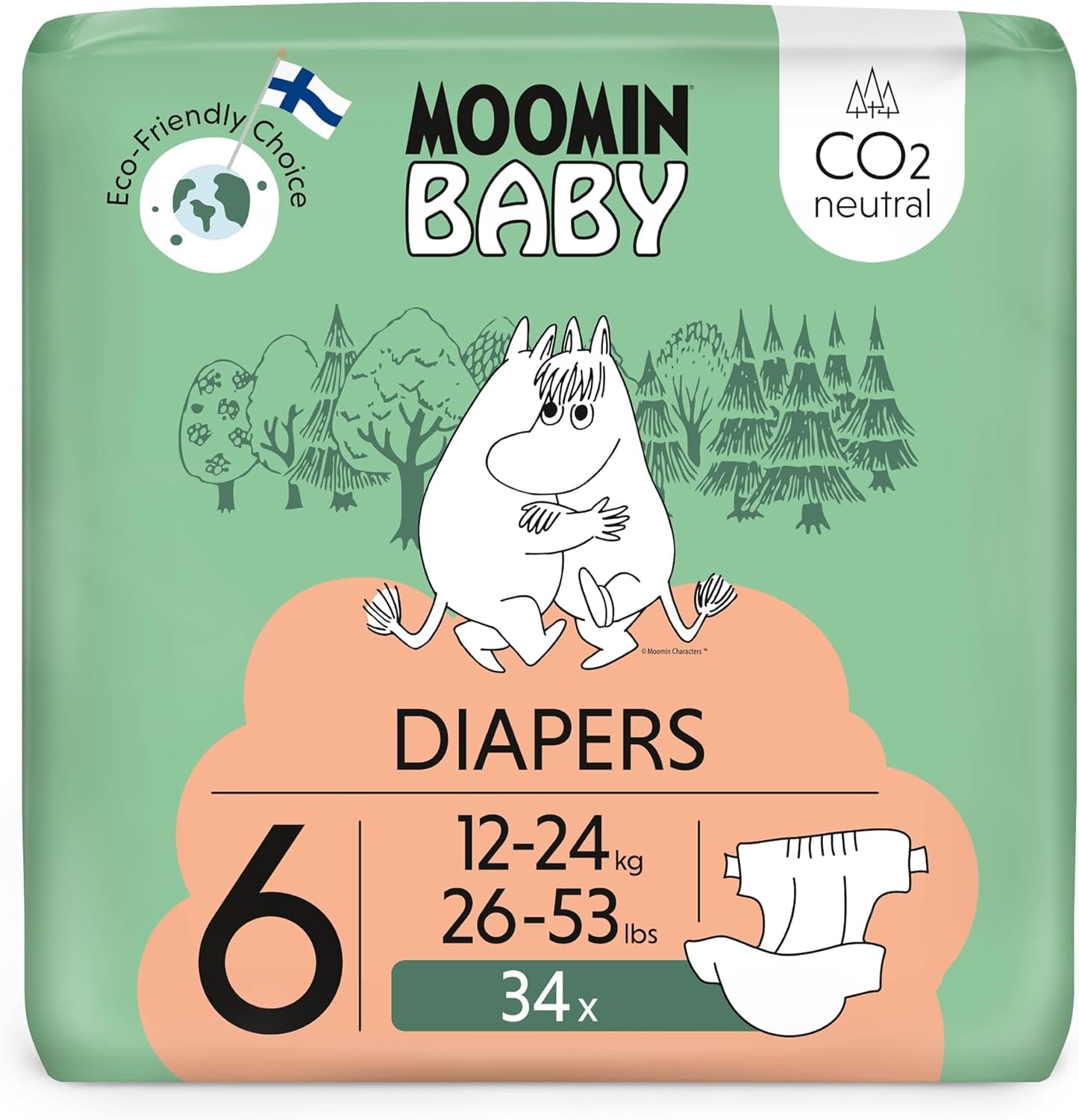 Mumin-Baby-Öko-Windeln, Größe 3, 5–8 kg, 48 Stück, hochwertige weiche Windeln | Weich und hautfreundlich, atmungsaktiv, saugfähig, keine unnötigen Chemikalien |