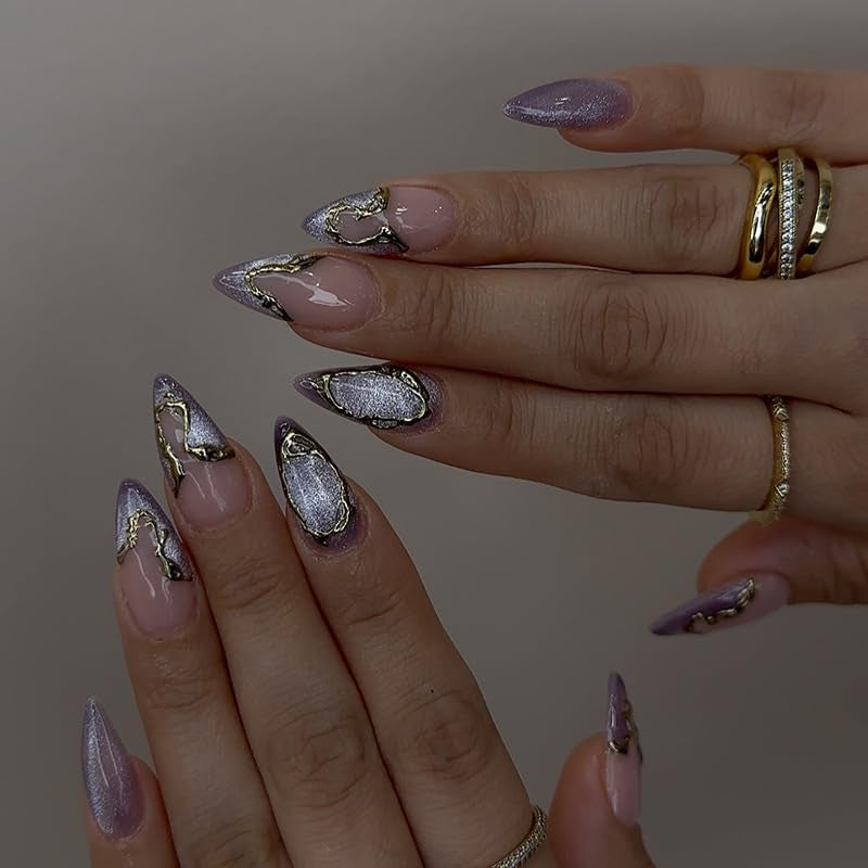 Mouyouglow Kurze magnetische künstliche Nägel, rosa mandelroter Farbverlauf, glitzerndes Katzenauge mit Kleber, rosa rote Ombre-Glitzer-Phototherapie-künstliche Nägel für Frauen und Mädchen