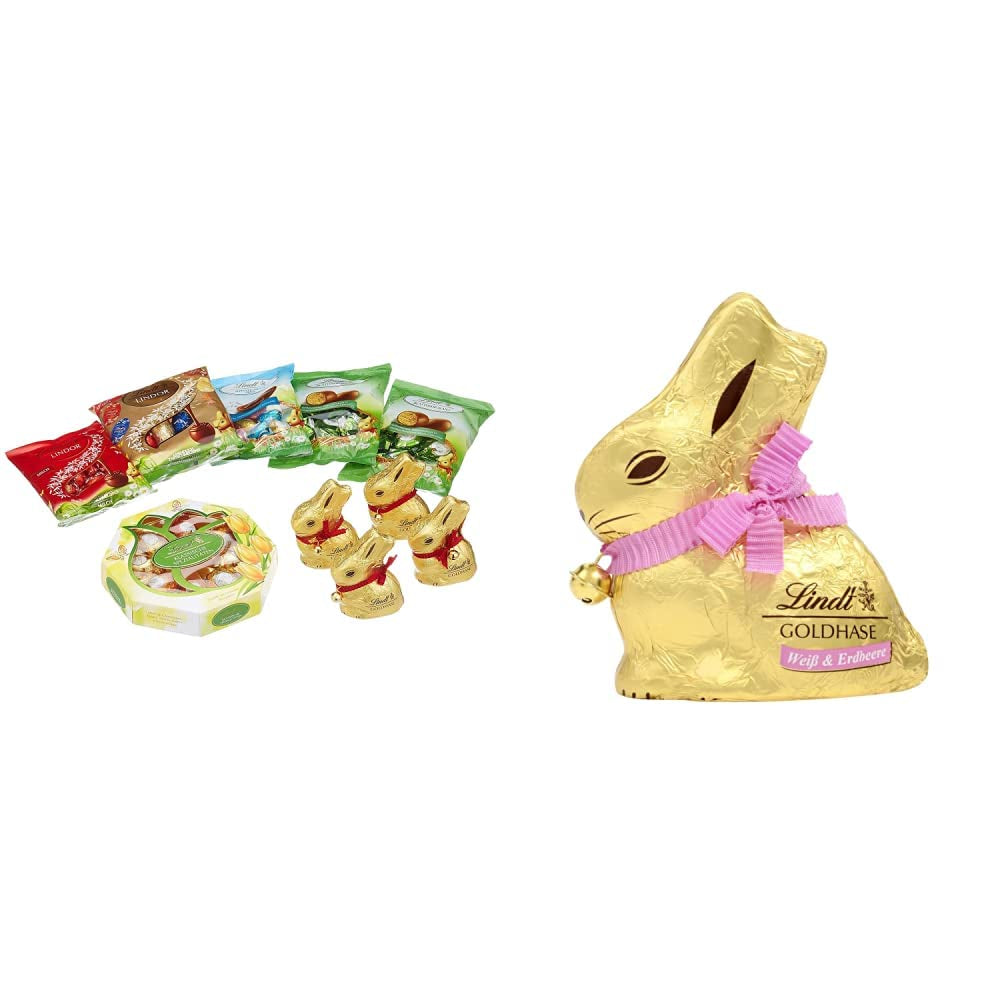 Schokoladen-Osterset | 894g | Inhalt: Goldhasen und Schoko-Goldhasen | 100g goldene Hasen | Hochwertige weiße Schokolade mit Erdbeerstückchen in Hasenform zu Ostern