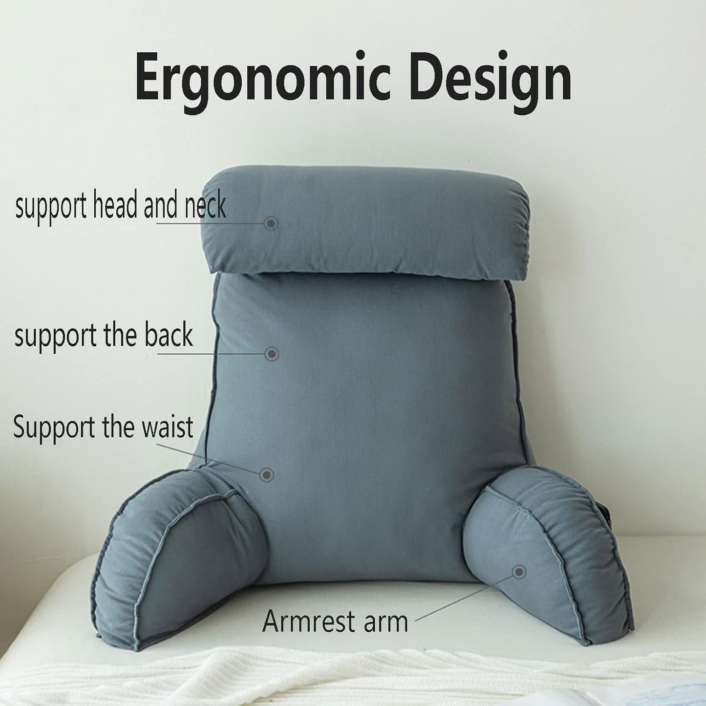 Lesekissen mit Armlehnen, Sofa-Rückenkissen, Bücherkissen fürs Bett, mit abnehmbarer Nackenrolle, Stuhlstützkissen zum Entspannen, Spielen, Lesen, Fernsehen, Champagnerfarbe