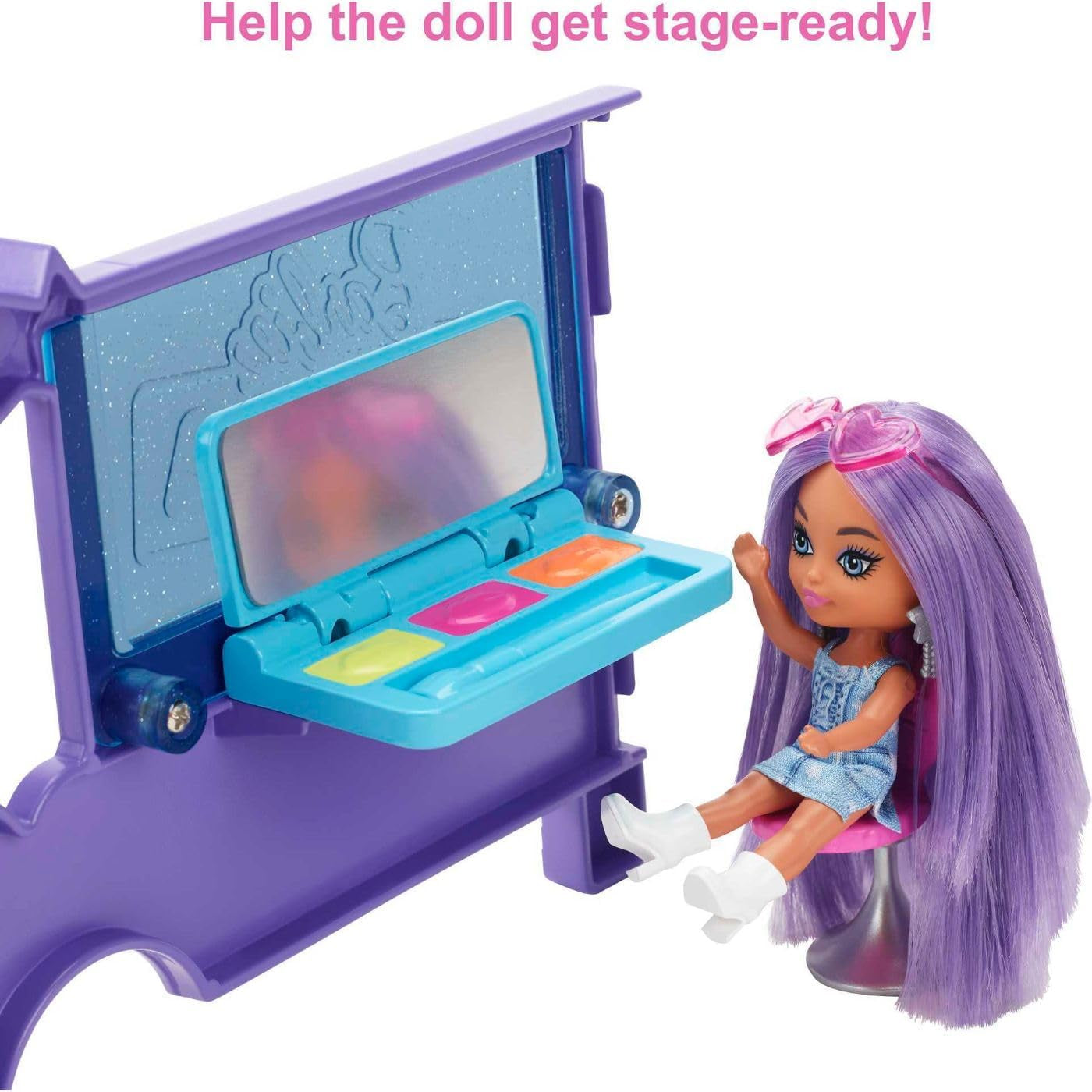 Barbie Extra Mini Minis Puppe, Extra Mini Minis Puppe mit extra glitzerndem Touring Van, inklusive Make-up-Station und Showzubehör, Kindergeschenk, Spielzeug für Kinder ab 3 Jahren, HKF84