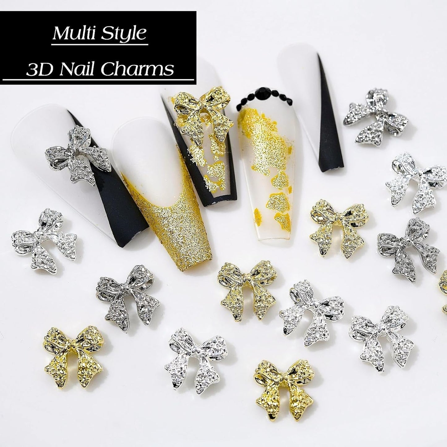 30 Stück Metall-Nagelschleifen, gold-silbergraue Schleifen, Nagelzubehör, Nageldekorationen für Frauen und Mädchen, Nagelkunst-Design