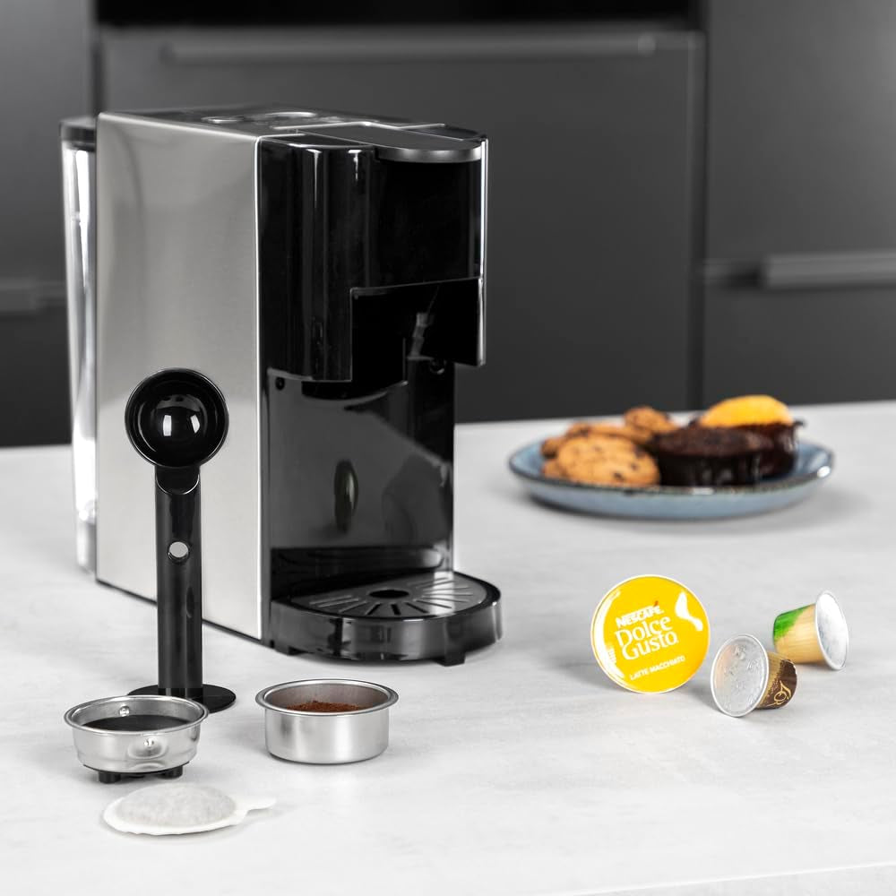 Princess 4-in-1-Mehrkapsel-Espressomaschine – 1450 Watt, Kapseln, Pads, gemahlener Kaffee, BPA-frei, 249450, 01.249450.01.001, Schwarz, Silber