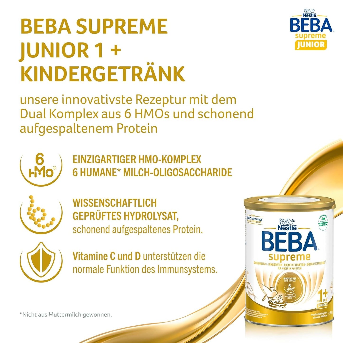 BEBA SUPREME JUNIOR 1 Plus – Getränk für Kinder ab 1 Jahr, mit Komplex 6 HMO, laktosefrei, palmölfrei, fischölfrei, Nahrung für Kleinkinder, Babymilchpulver, 6er Pack (6 x 800g)