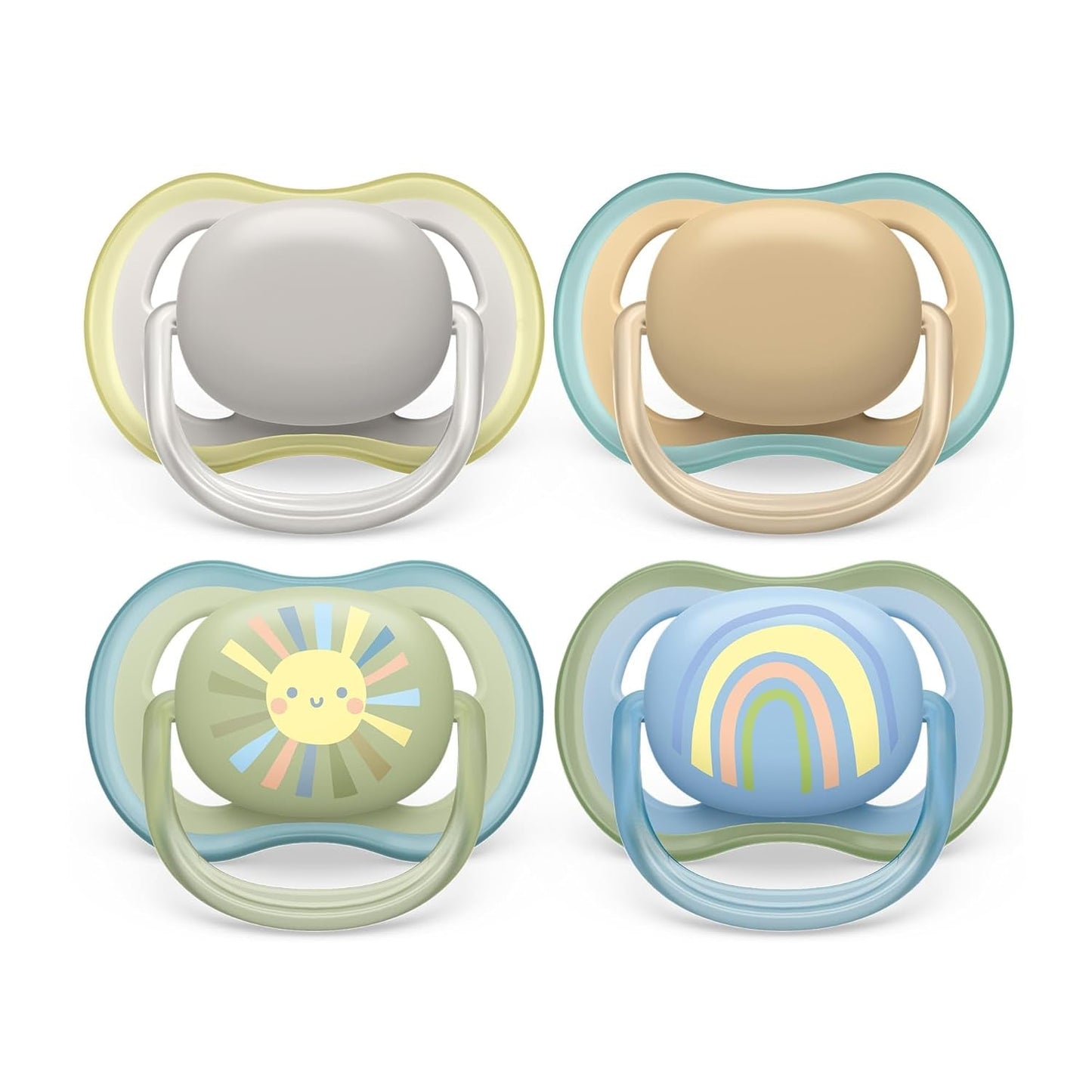 Philips AVENT Ultra Air-Schnuller – 4er-Pack BPA-freie, atmungsaktive Schnuller für Babys zwischen 0 und 6 Monaten, inklusive Tragetasche und Sterilisation, Farbe Sonne/Regenbogen (Modell SCF085/65)