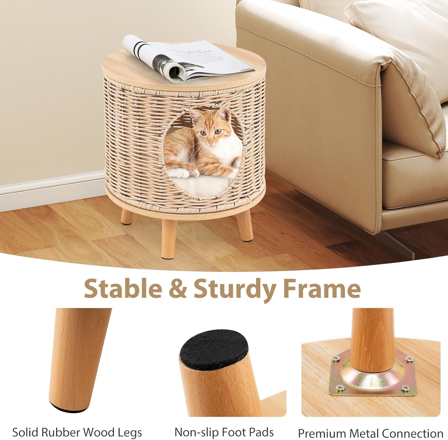 Katzenhaus Rattan, Katzenmöbel mit Holzbeinen & weichen Kissen, 3 in 1 Katzenhöhle Fußhocker Nachttisch, Katzenbett stabil bis 30 kg für Wohnzimmer Schlafzimmer