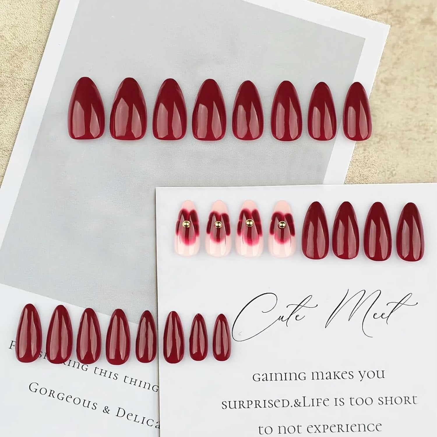 24 burgunderfarbene Blumen mit Diamantrüstung, Nagelpresse, künstliche Nägel aufkleben, Nagelspitzen-Set