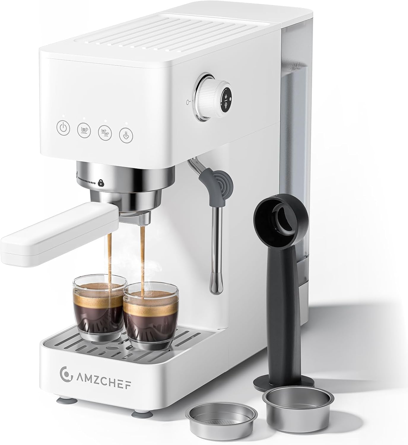 AMZCHEF 20-Bar-Espressomaschine, LED-Anzeige, professioneller Milchaufschäumer und Dampflanze aus Edelstahl, 1,5 l abnehmbarer Tank, 1350 W schnelles Aufheizen, Weiß