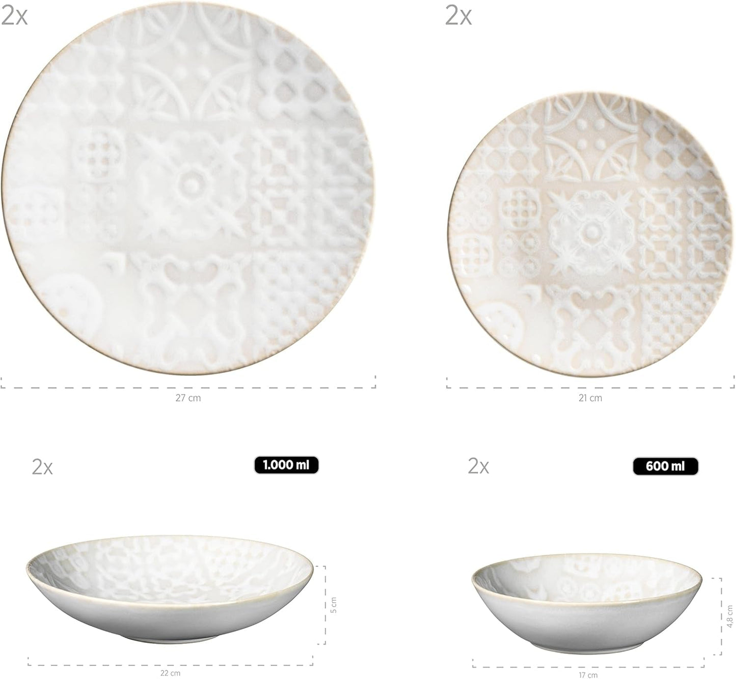 MÄSER 935079 Modernes Vintage-Geschirrset für 2 Personen, maurisches Design, 8-teiliges Tischservice, hochwertige Keramikteller und -schalen, Steinzeug, weiß