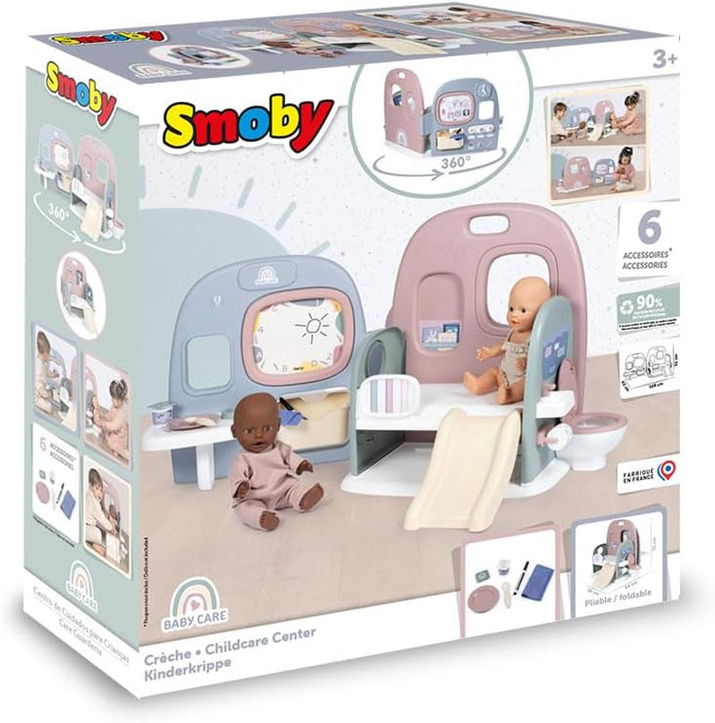 Smoby – Babypflege Puppenkindergarten – Puppenspielzentrum Kindergarten + Kindergarten Alltag – Zusammenklappbarer Spielbereich mit 360°-Drehung – 6 Zubehörteile – Hergestellt aus 90 % recyceltem Material in Frankreich, ab 3 Jahren