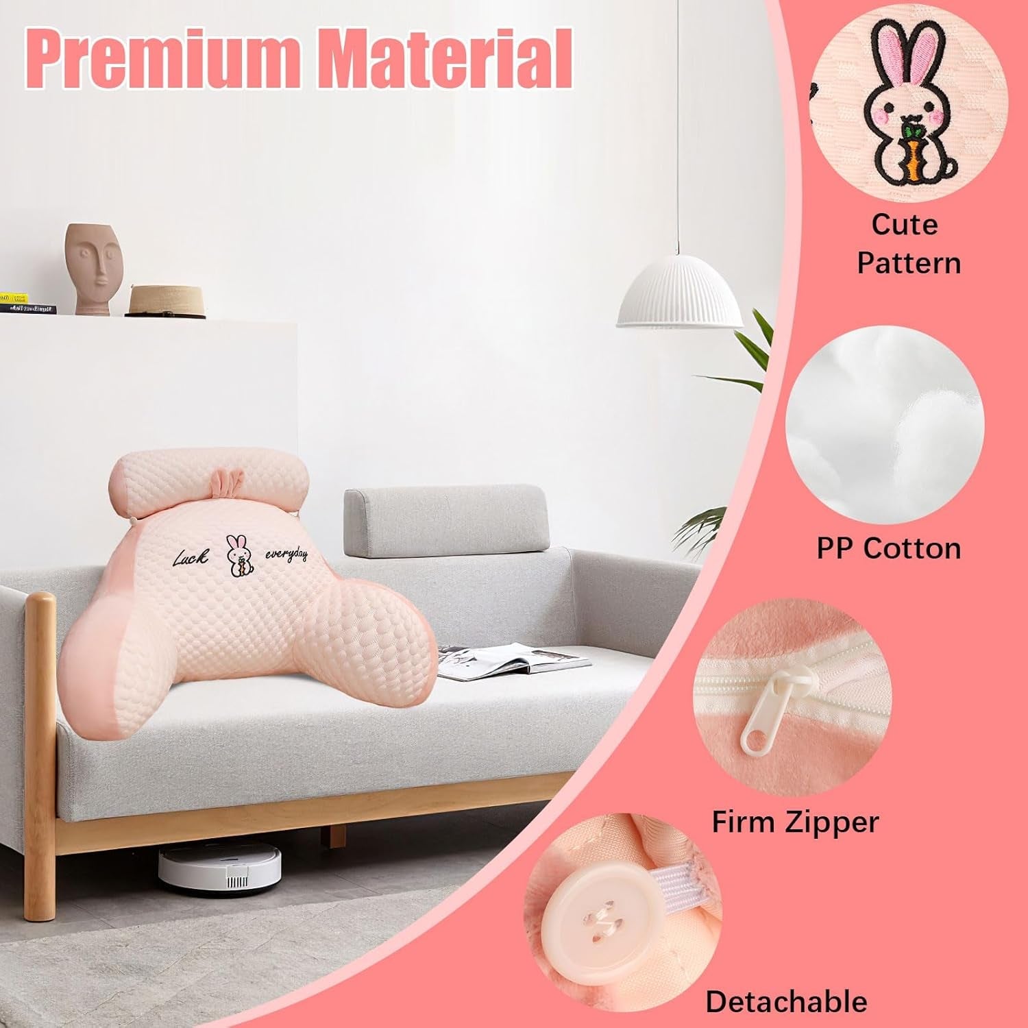 Lesekissen, Bettkissen, extra großes Rückenkissen für Erwachsene, 70 x 50 cm, zum Lesen mit abnehmbarer Nackenrolle und Stützarm, bequemes Lesekissen für Bett und Sofa (Rosa, extra groß)