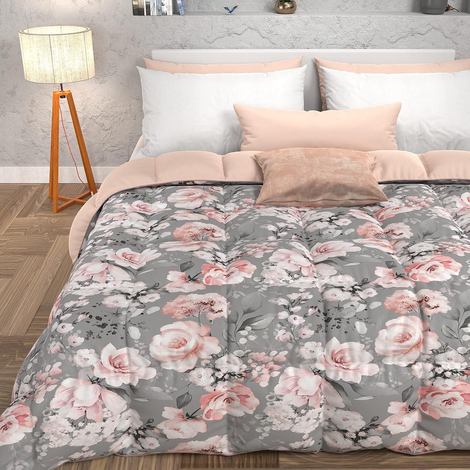 PETTI Artigiani Italiani – Winterdecke, Winterdecke, einfache Steppdecke, doppelseitig, einfarbig und Digitaldruck, 100 % hypoallergene Mikrofaser, hergestellt in Italien, Naty Shop Steppdecken und Steppdecken, Blumenmuster, 17 Grau, Una Piazza E Mezza