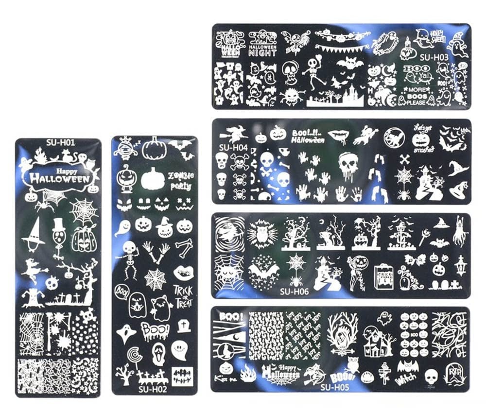 JMEOWIO Nail Stamping Schablonen Halloween 6 Stück Nagelstempel Schablonen Nail Art Dekoration Nageldesign Zubehör Böse Gruselige Kürbis-Geisterhexe