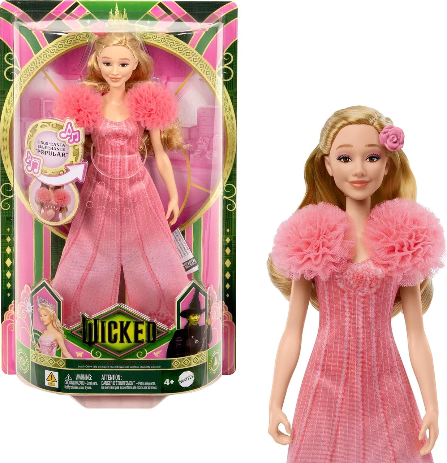 Mattel Glinda aus „Wicked and Accessories“, bewegliche, vom Film inspirierte Puppe mit abnehmbarem Outfit, singt „Loved by Us“ JLG49 Pink