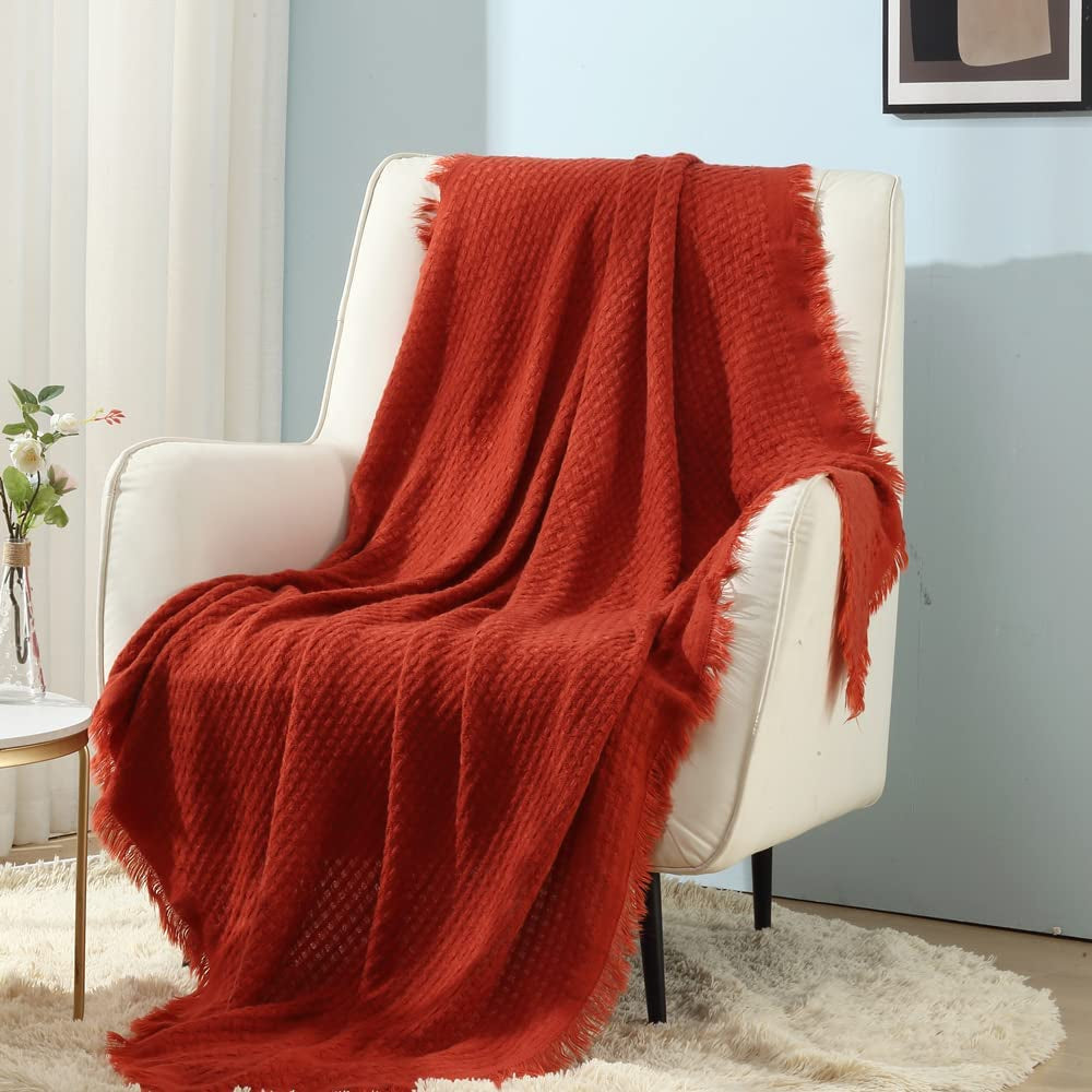 CREVENT Rost-Strickdecke für Couch, Sofa, Stuhl, Bett, Heimdekoration, weich, warm, gemütlich, leicht, Frühling, Sommer, Herbst (127,8 x 152,4 cm, Karamell/Braun/Gebranntes Orange). CREVENT Betten und Decken, Orange
