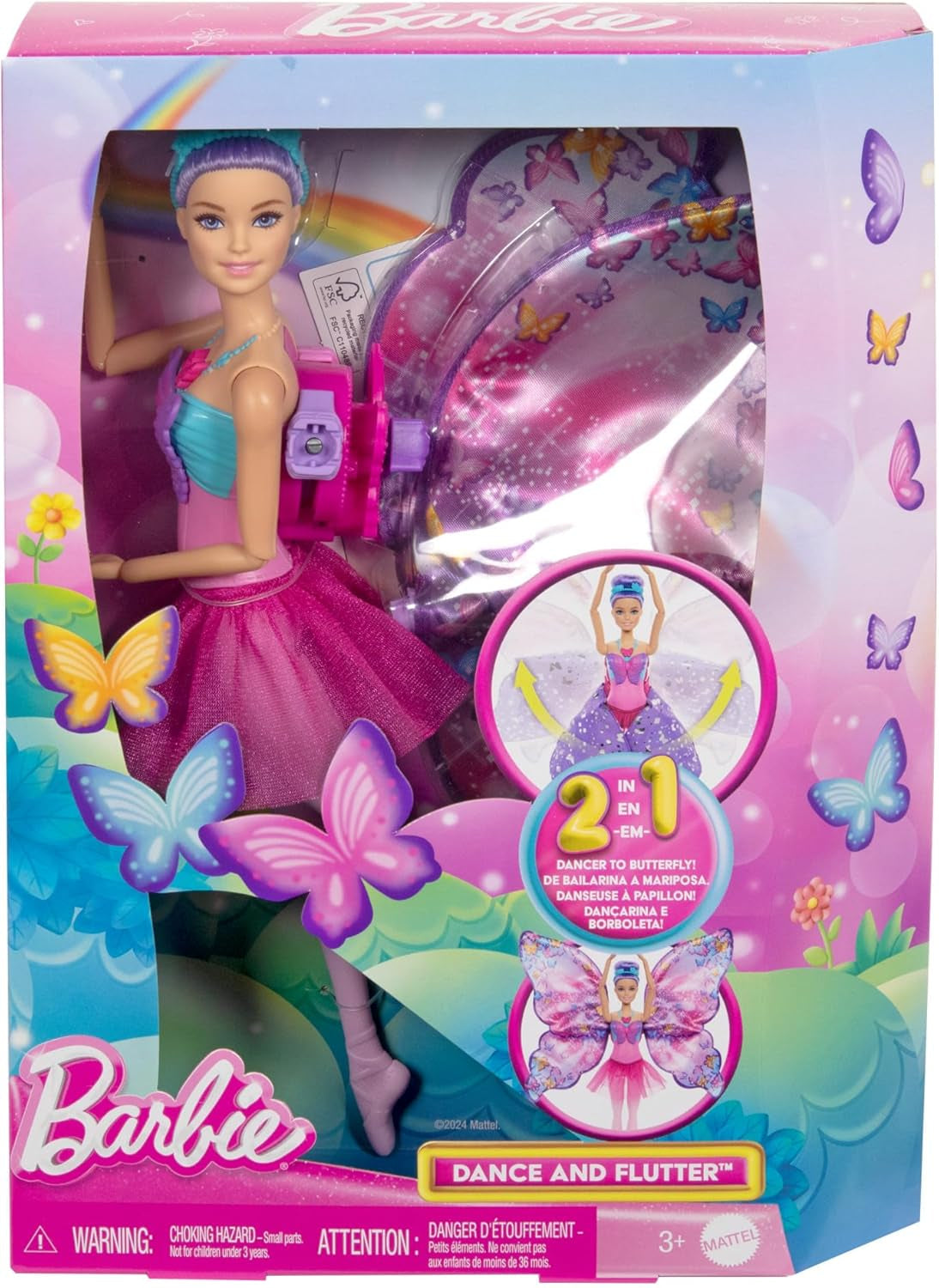 Barbie Tänzerin und Schmetterling 2-in-1 verwandelt Tänzerin in einen Schmetterling mit aufklappbaren Flügeln, lila Haaren, Haarschmuck und abnehmbarem Tutu, HXJ10