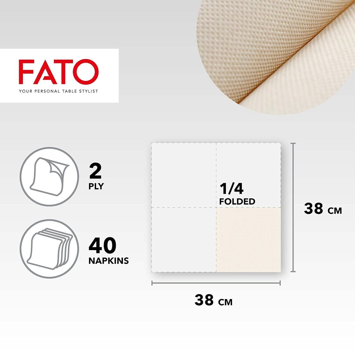 Fato – Natürliche 4-fach gefaltete Einweg-Papierservietten, umweltfreundlich, 40 Stück, Größe 38 x 38, 2-lagig, 100 % Recyclingpapier