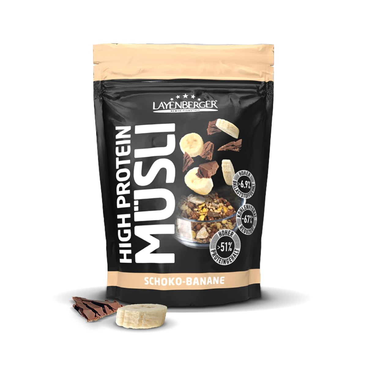 Layenberger 3K High Protein Müsli, 50% Eiweiß und 18% Kohlenhydrate - Einzelpackung (1X 390 G) - Schoko-Nuss Cereale Naty Shop 390 G (1Er Pack) Schoko-Banane