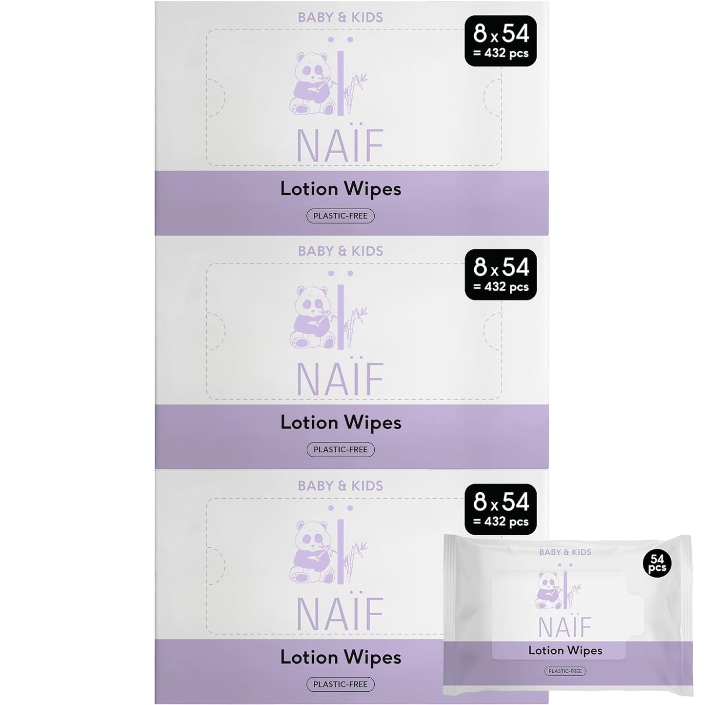 Naïf – Feuchttücher mit plastikfreier Lotion – 1296 Stück (24 Packungen mit 54 Tüchern) – für Babys und Kinder – Po, Körper und Gesicht des Babys – mit Aloe Vera und Bambus – 0 % Duftstoffe und Alkohol