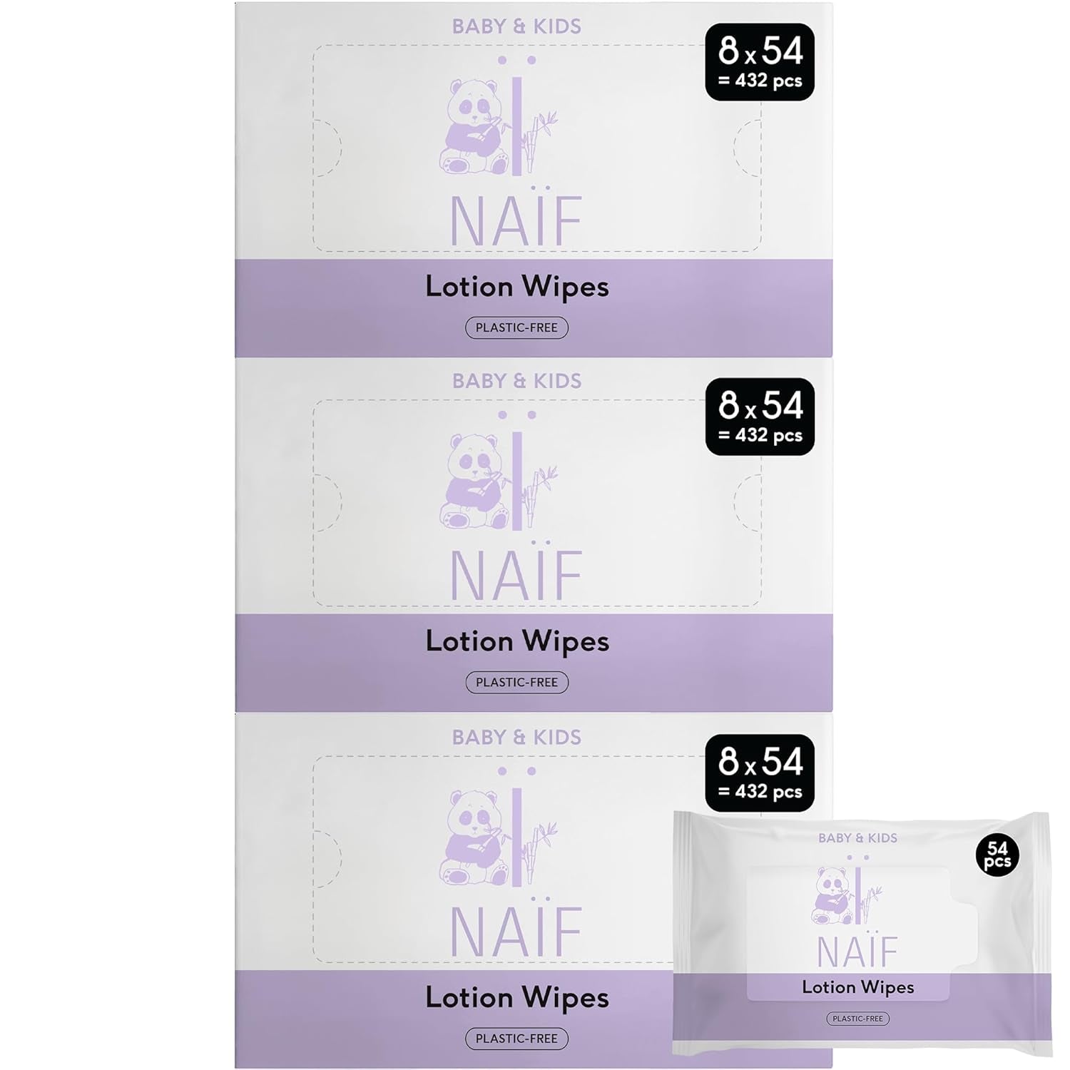 Naïf – Feuchttücher mit plastikfreier Lotion – 1296 Stück (24 Packungen mit 54 Tüchern) – für Babys und Kinder – Po, Körper und Gesicht des Babys – mit Aloe Vera und Bambus – 0 % Duftstoffe und Alkohol