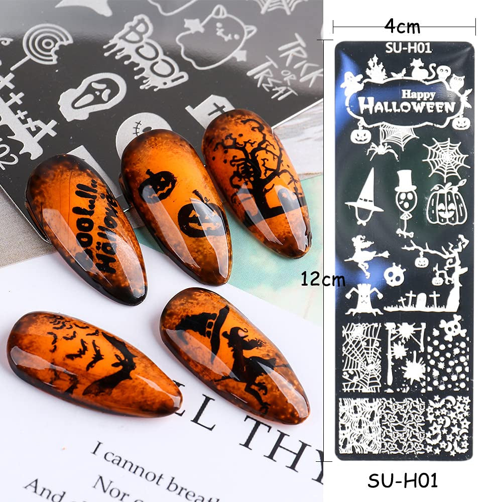 JMEOWIO Nail Stamping Schablonen Halloween 6 Stück Nagelstempel Schablonen Nail Art Dekoration Nageldesign Zubehör Böse Gruselige Kürbis-Geisterhexe
