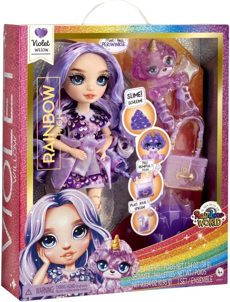 Rainbow High Modepuppe mit Schleim und Haustier – Lila – 28 cm große Glitzerpuppe mit Glitzerschleim, magischem Haustier und Modeaccessoires – Spielzeug für Kinder – ideal für 4–12 Jahre