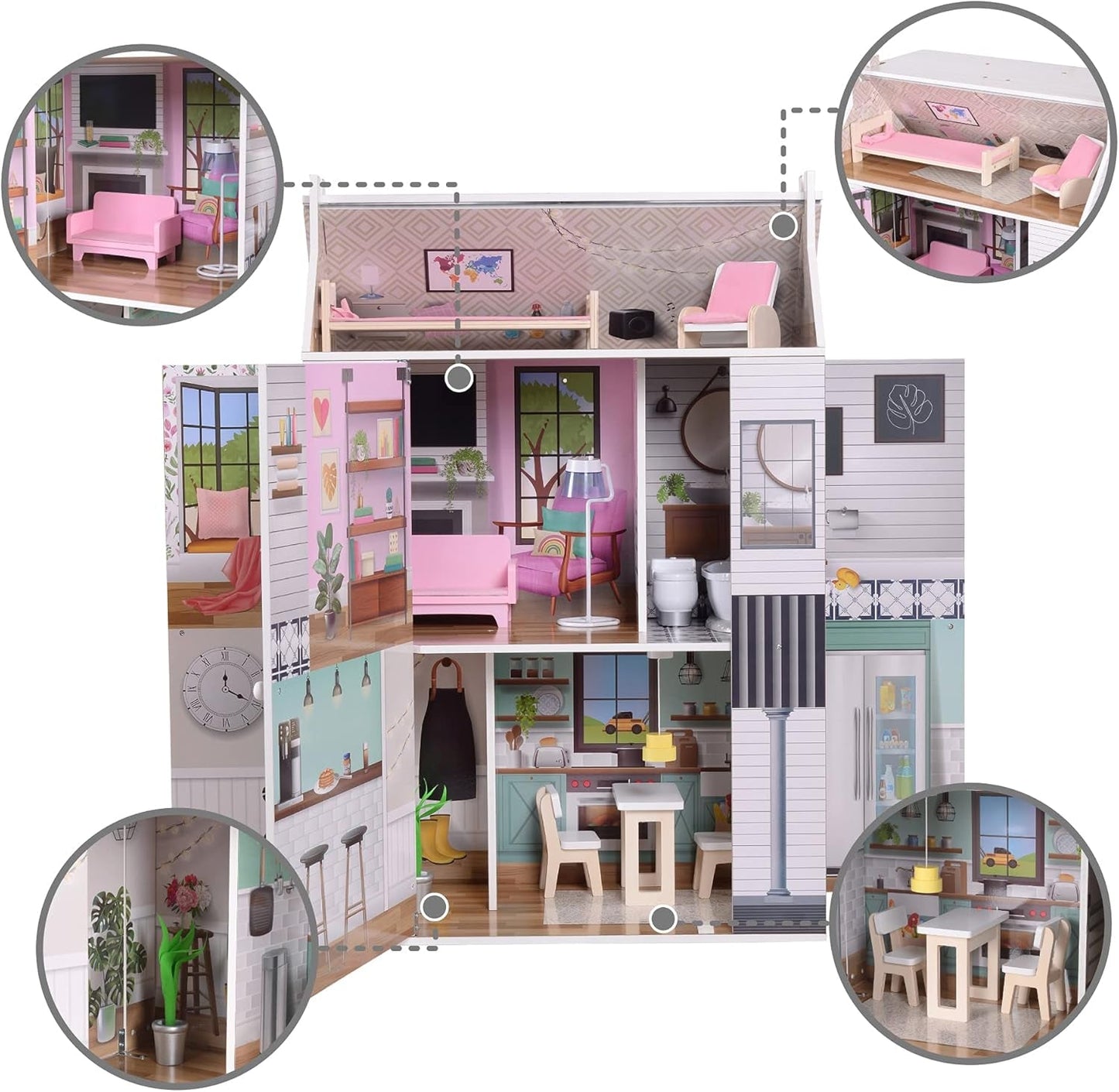Olivia's Little World Dreamland 3-stöckiges interaktives Puppenhaus aus Holz mit 13 Puppenmöbelzubehör, weiß TD-13632A