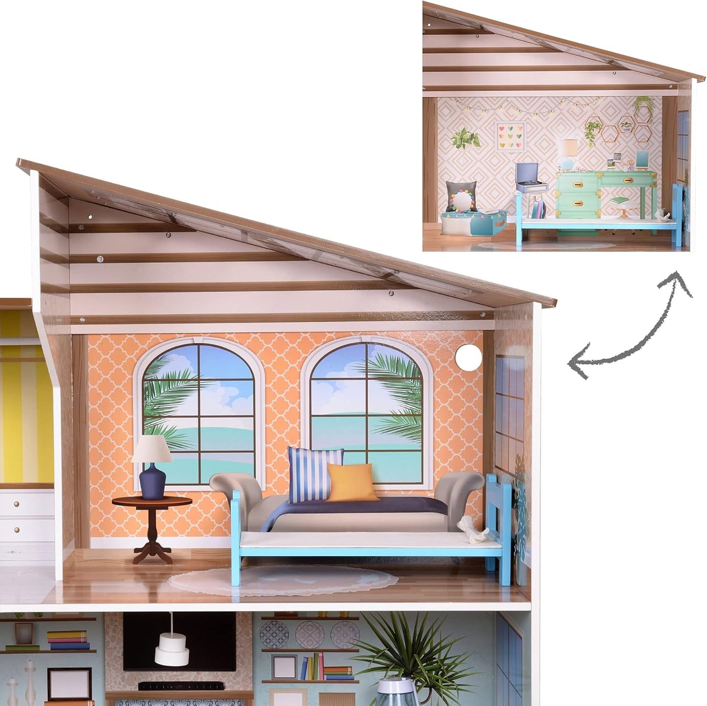 Olivia's Little World Modernes, dreistöckiges interaktives Puppenhaus aus Holz im mediterranen Stil für Kinder mit 17 Puppenmöbelzubehör, mehrfarbig, TD-13551B
