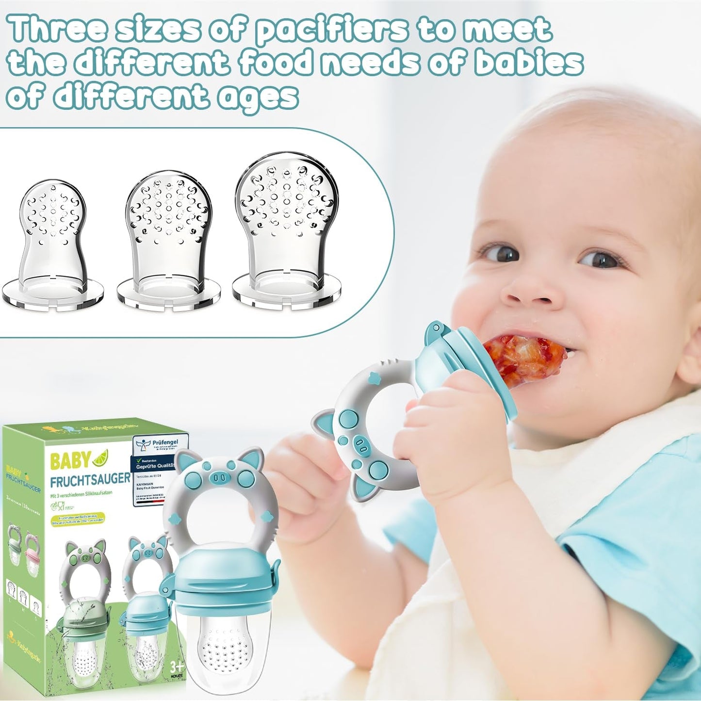 Baby-Fruchtschnuller, 2er-Pack Fruchtschnuller für Babys ab 3 Monaten, verbesserte Version 2023, befüllbare Schnuller, Brei-Schnuller, Fruchtschnuller für Babys, BPA-frei, 8 Silikonsauger in 3 Größen
