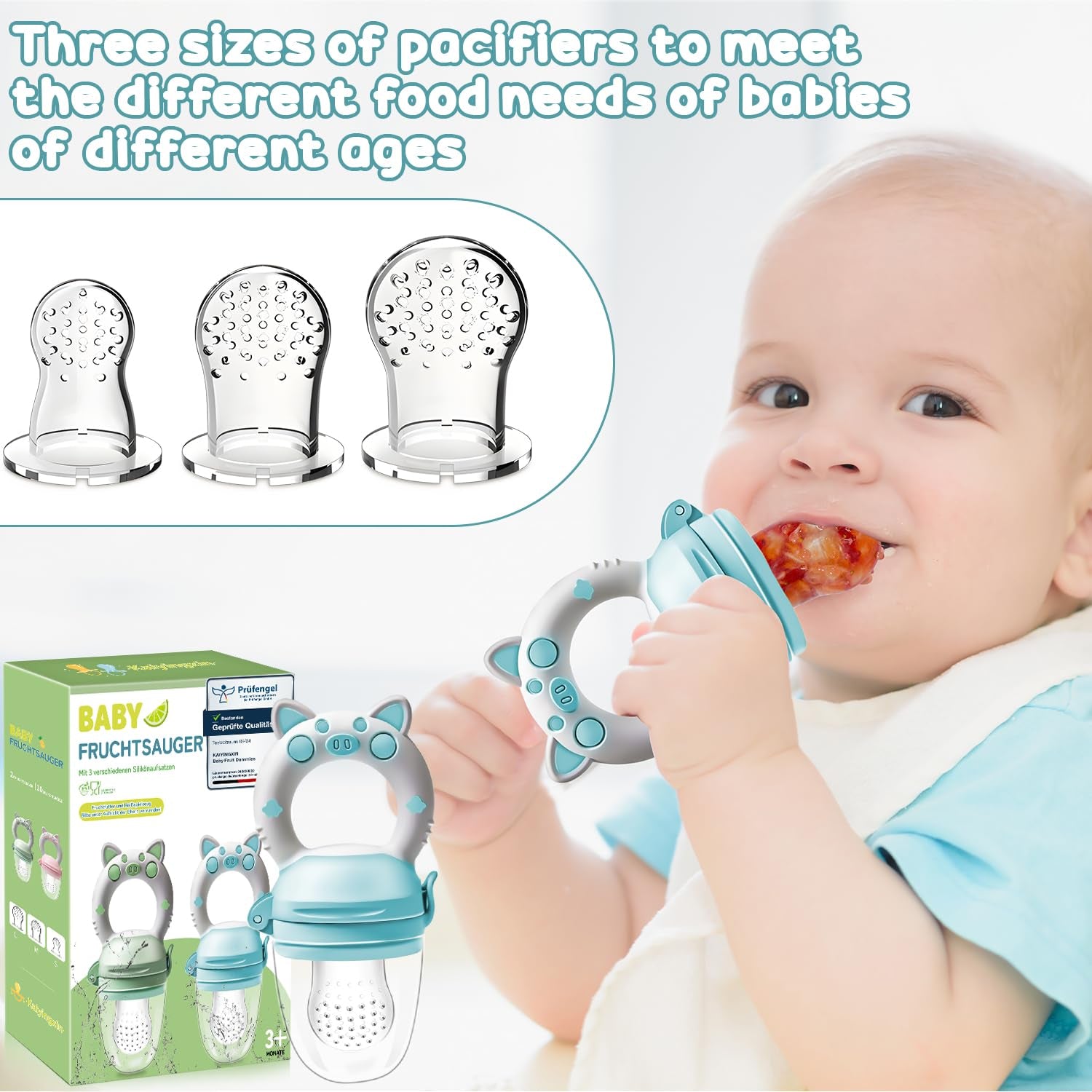 Baby-Fruchtschnuller, 2er-Pack Fruchtschnuller für Babys ab 3 Monaten, verbesserte Version 2023, befüllbare Schnuller, Brei-Schnuller, Fruchtschnuller für Babys, BPA-frei, 8 Silikonsauger in 3 Größen