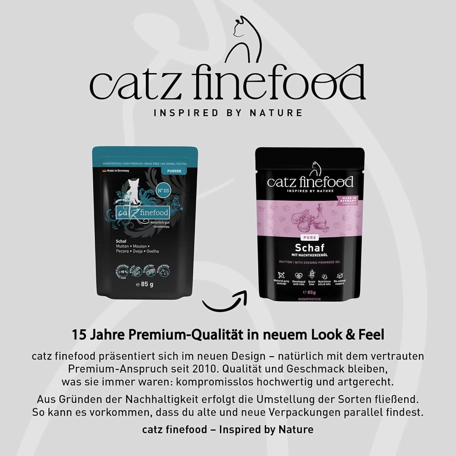 Nassfutter für Katzen Catz Finefood Purrrr Sheep Monoprotein Nr. 113, für Katzen mit empfindlicher Verdauung, 70 % Fleischanteil, 16 Beutel à 85 g