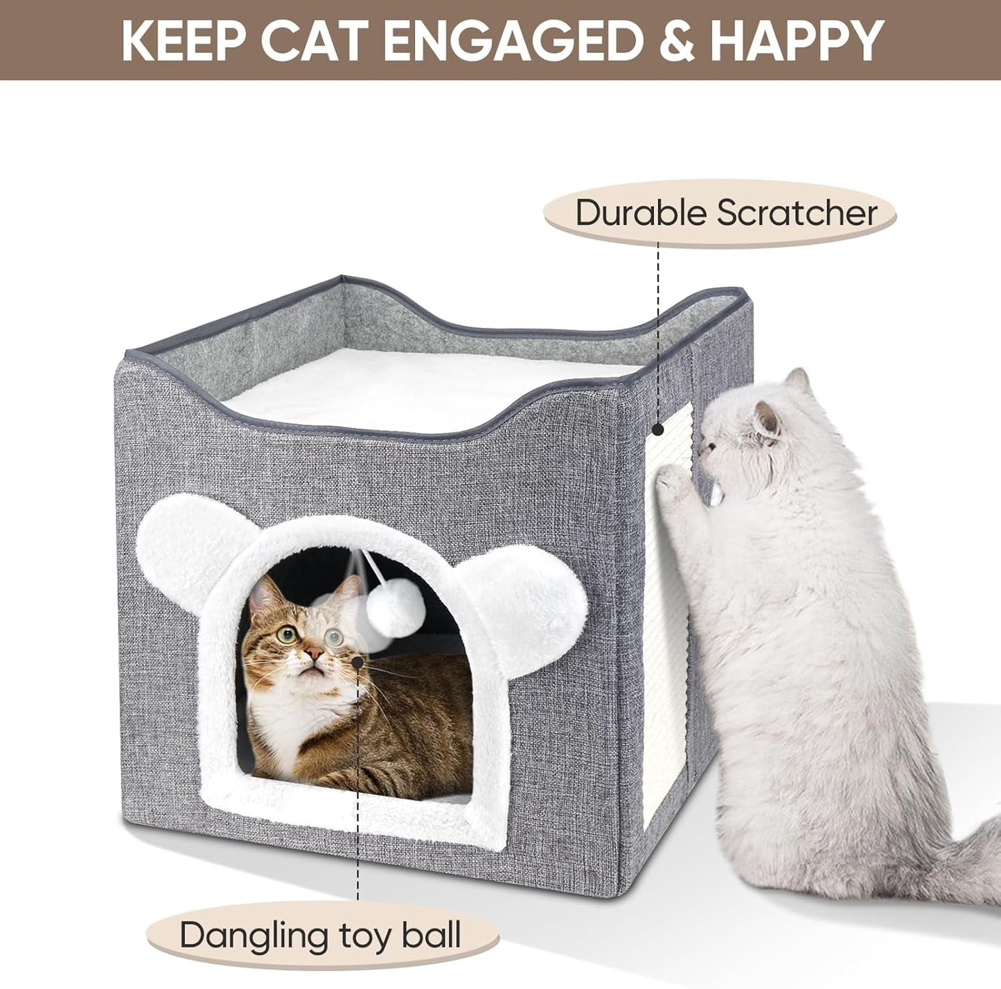 Katzenbetten für Indoor Katzen, Faltbares Katzenhaus, Katzenhöhle 2 Schicht Würfel Großer Raum Katzenbett mit Kratzbrett und Spielball, 15,8 x 15,8 x 15 Zoll