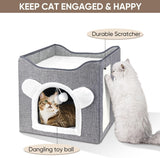 Katzenbetten für Indoor Katzen, Faltbares Katzenhaus, Katzenhöhle 2 Schicht Würfel Großer Raum Katzenbett mit Kratzbrett und Spielball, 15,8 x 15,8 x 15 Zoll