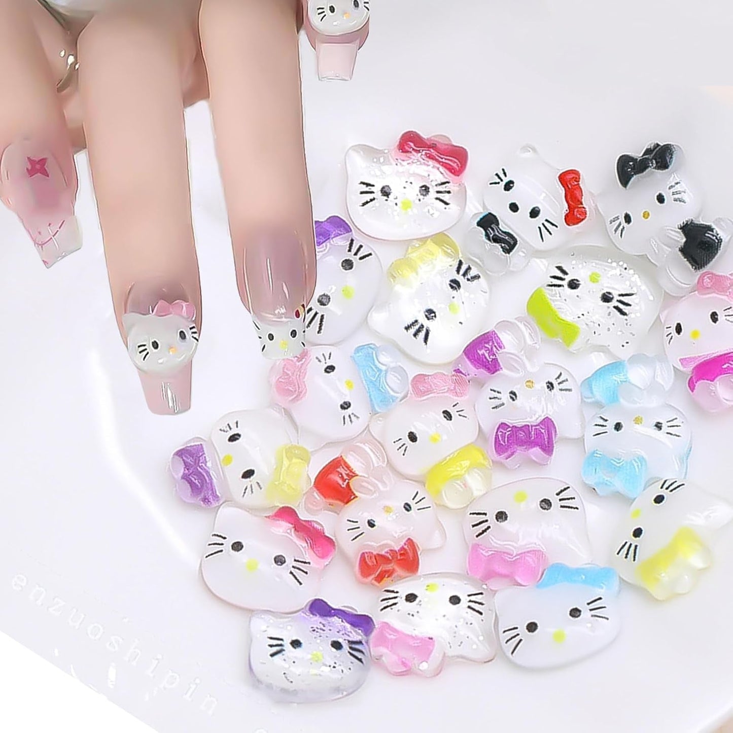 3D-Katzen-Nagelaufkleber, Nagelglitzer, Pailletten, Kunstharz-Nagelaufkleber, Nageledelsteine, Diamanten für Nagelkunst, inklusive Strass-Nagelwachsstift (Bunte Katze)