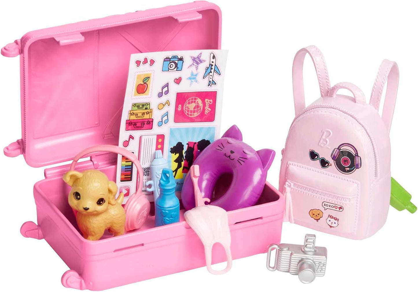 Barbie-Puppe, Reise-Barbie mit blonden Haaren, 10+ Reisezubehör, Aufkleber, Koffer, Welpe, inklusive 1 Puppe, Kindergeschenk, Spielzeug ab 3 Jahren, HJY18